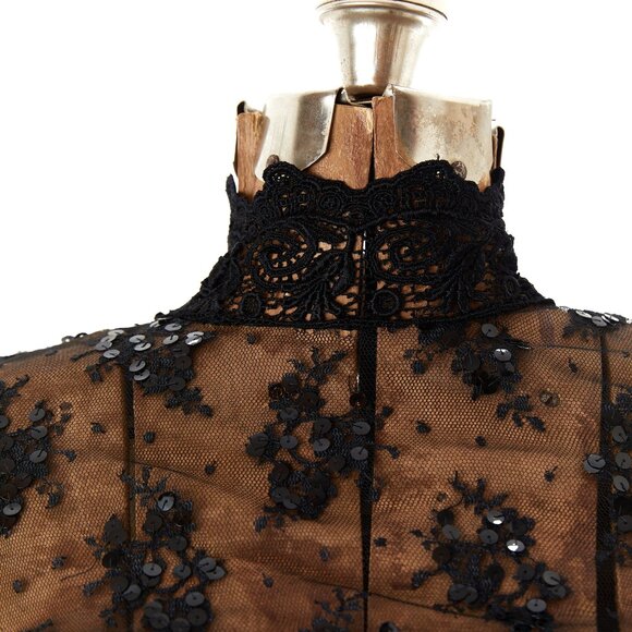 Vintage Jessica McClintock Black Lace Chiffon Dress 12 Gothic Formal Midi - Picture 3 of 9